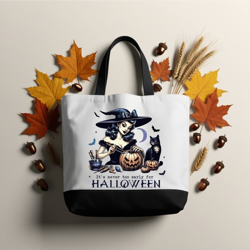 Never Too Early for Halloween Pinup Witch Tote Bag - Picture 3 of 4